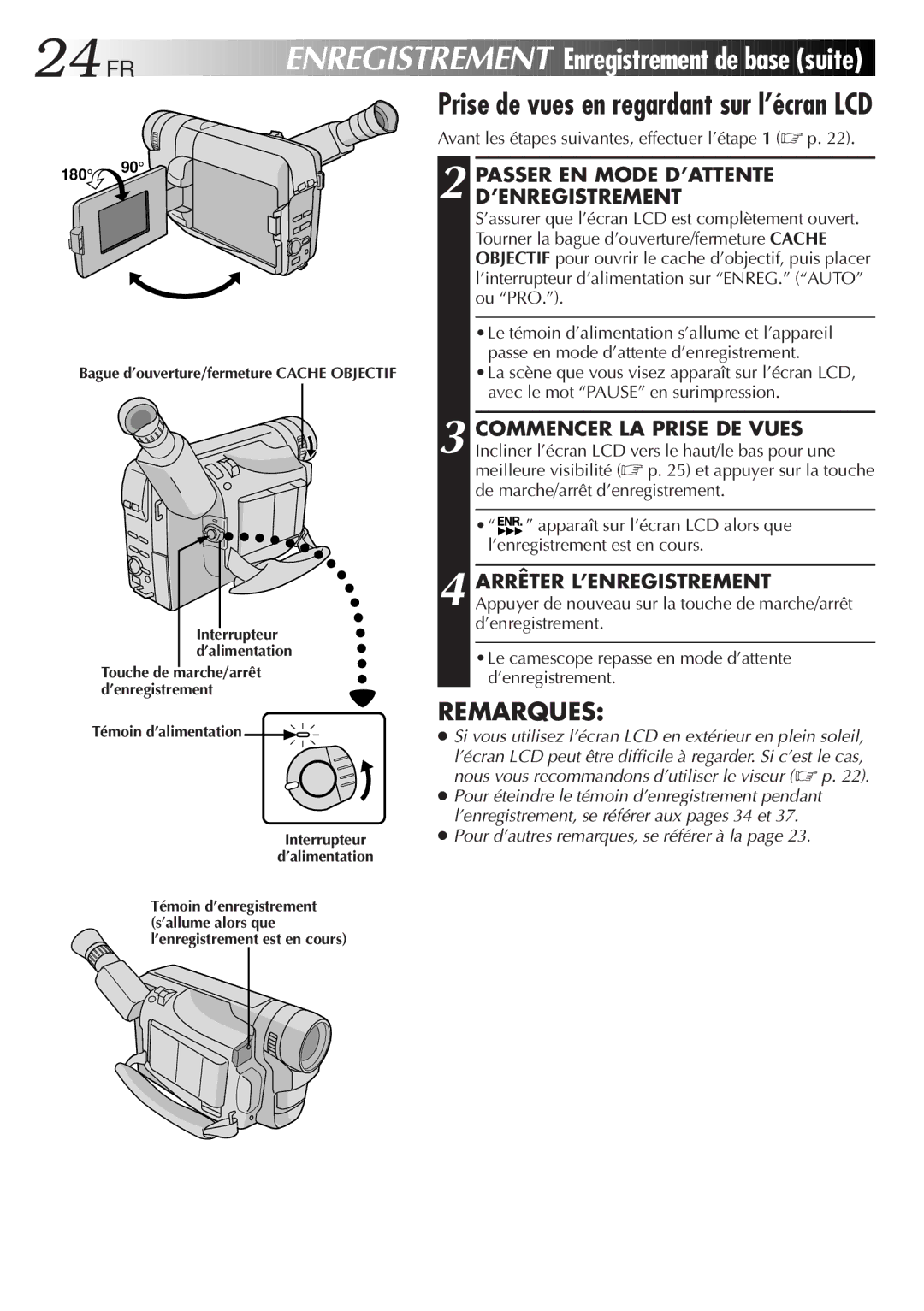 JVC GR-FXM106S manual 24 FR, Bague d’ouverture/fermeture Cache Objectif 