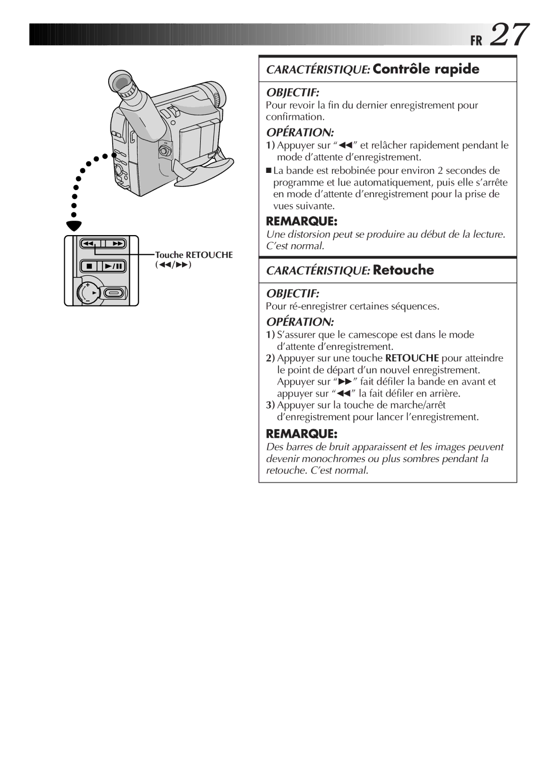 JVC GR-FXM106S manual FR27, Pour ré-enregistrer certaines séquences 