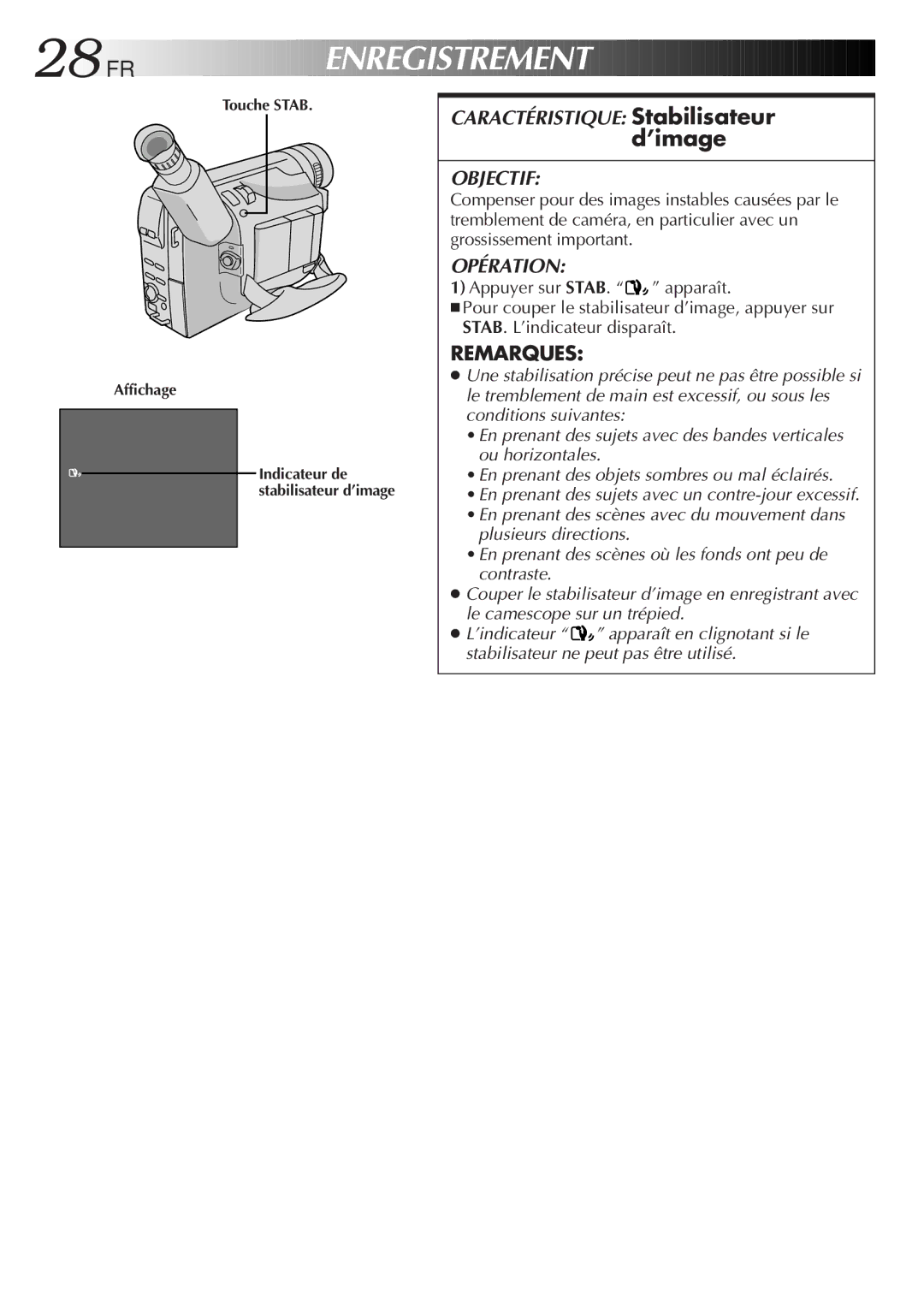 JVC GR-FXM106S manual 28 FR, Enregistrement Fonctions de base suite, ’image 