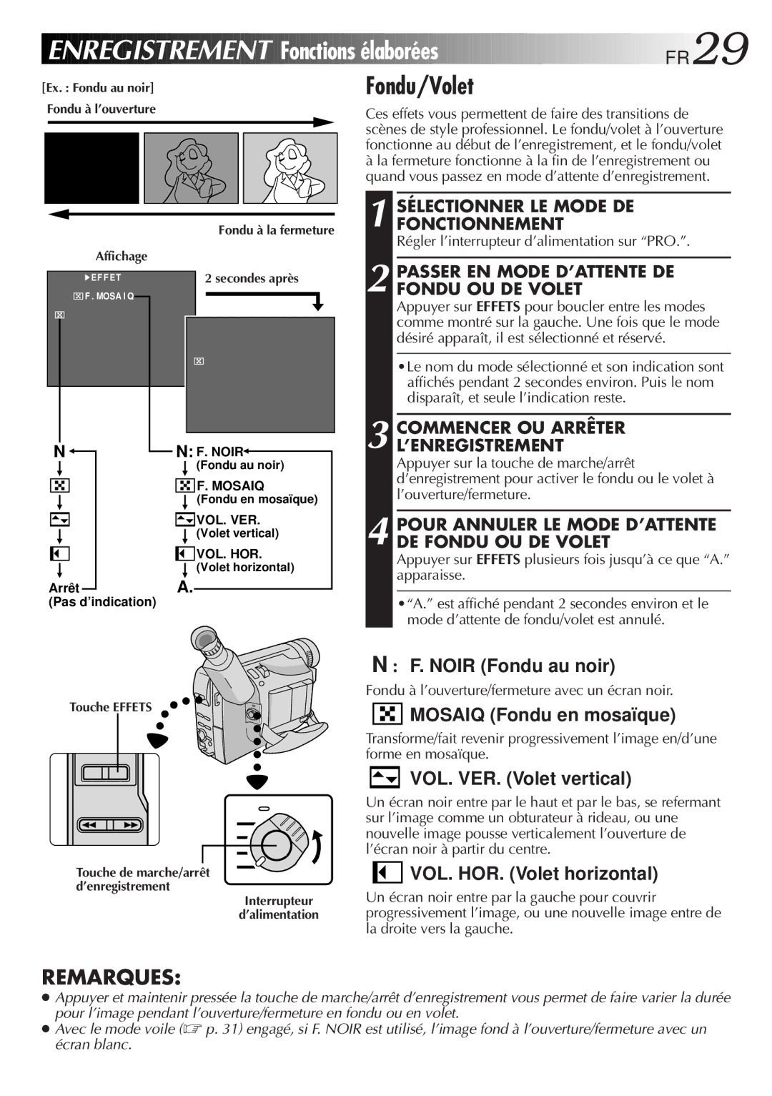 JVC GR-FXM106S manual Enregistrement, Fonctions élaborées FR29, Fondu/Volet 