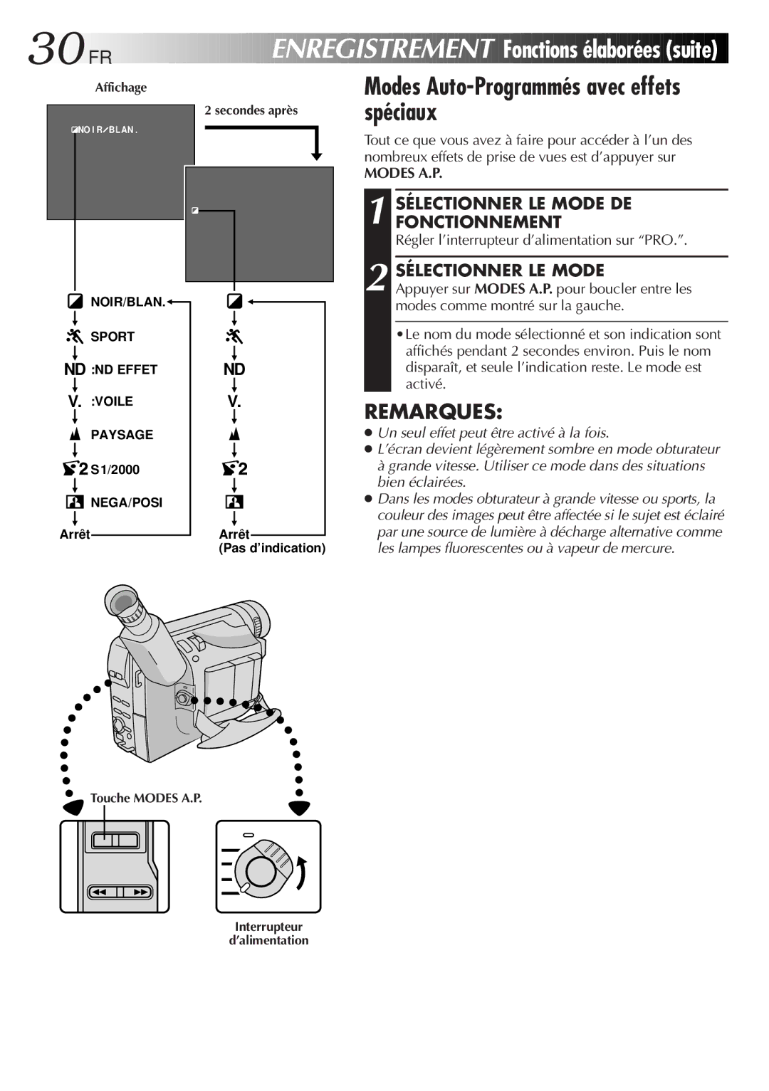 JVC GR-FXM106S manual 30 FR, Fonctions élaborées suite, Modes Auto-Programmés avec effets spéciaux, Sélectionner LE Mode 