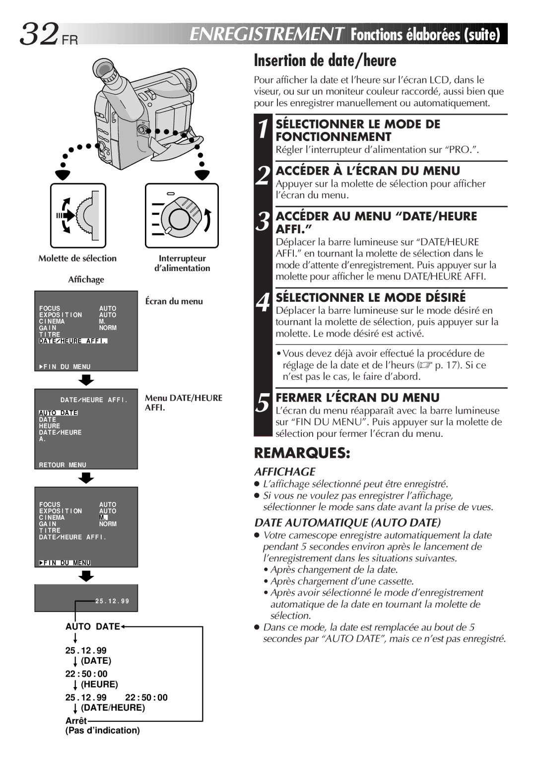 JVC GR-FXM106S manual 32 FR, ACCÉDERAFFI. AU Menu DATE/HEURE 