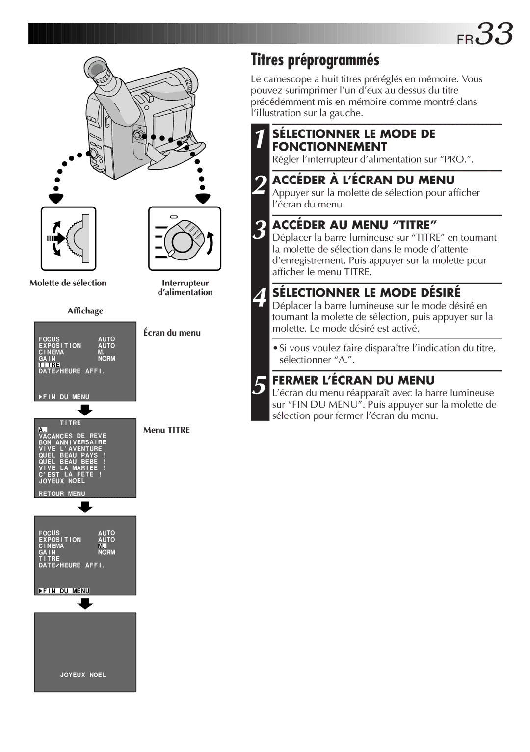 JVC GR-FXM106S manual Titres préprogrammés, FR33 