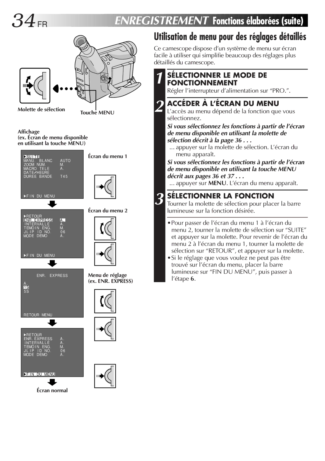 JVC GR-FXM106S manual 34 FR, Sélection décrit à la 