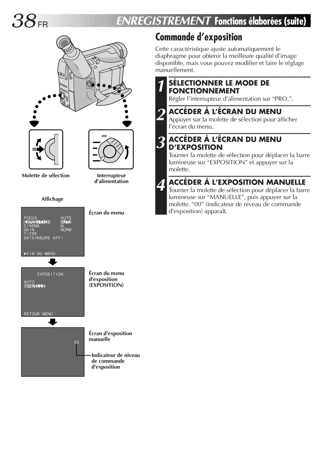 JVC GR-FXM106S manual 38 FR, Accéder À L’ÉCRAN DU Menu D’EXPOSITION 