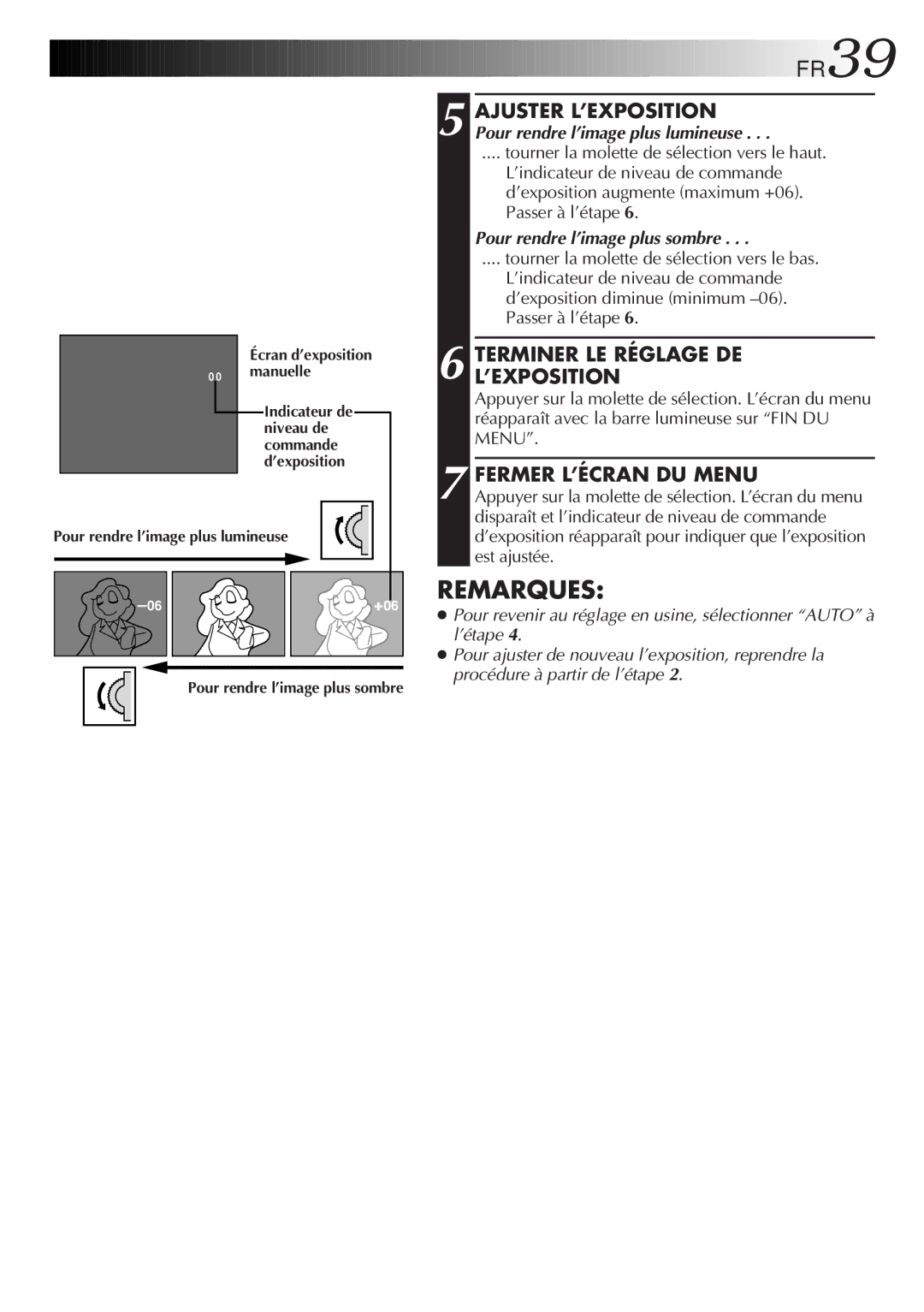 JVC GR-FXM106S manual FR39, Terminer LE Réglage DE L’EXPOSITION 