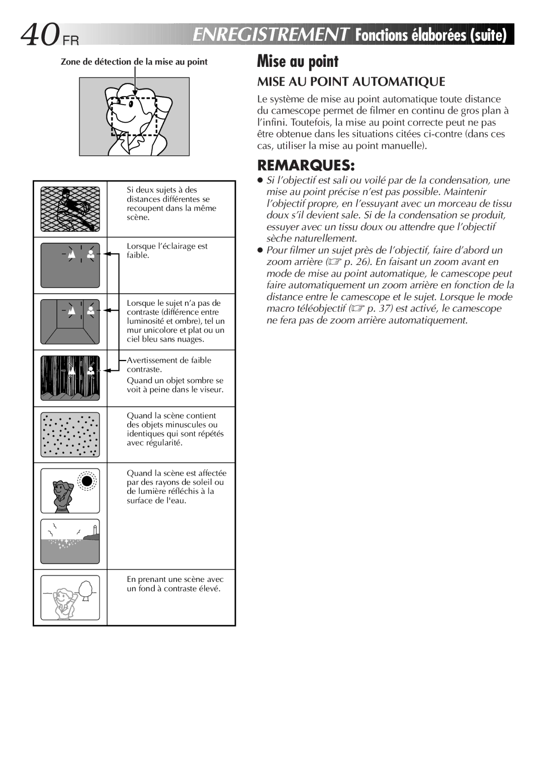 JVC GR-FXM106S manual Mise au point, Mise AU Point Automatique 