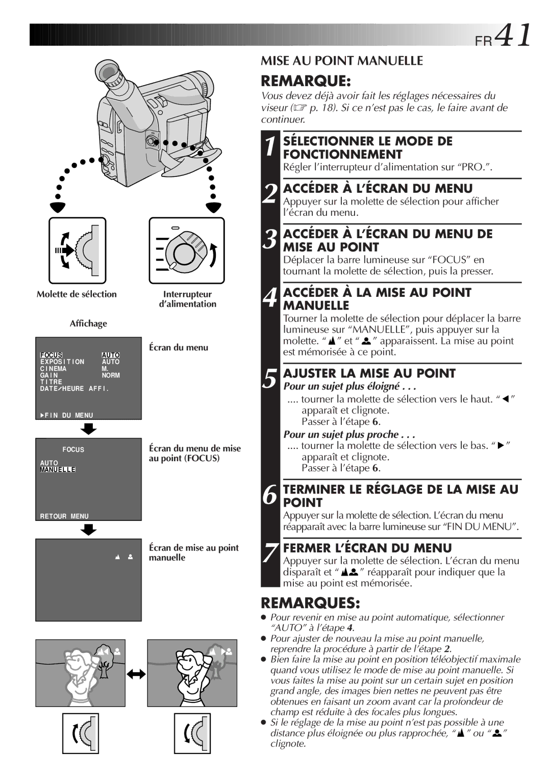 JVC GR-FXM106S manual FR41, Mise AU Point Manuelle, Accéder À L’ÉCRAN DU Menu DE Mise AU Point 