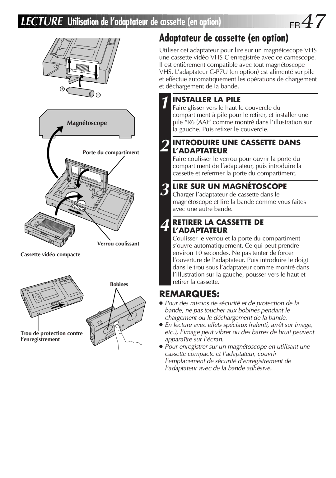 JVC GR-FXM106S manual Lecture, Utilisation de l’adaptateur de cassette en option FR47, Adaptateur de cassette en option 