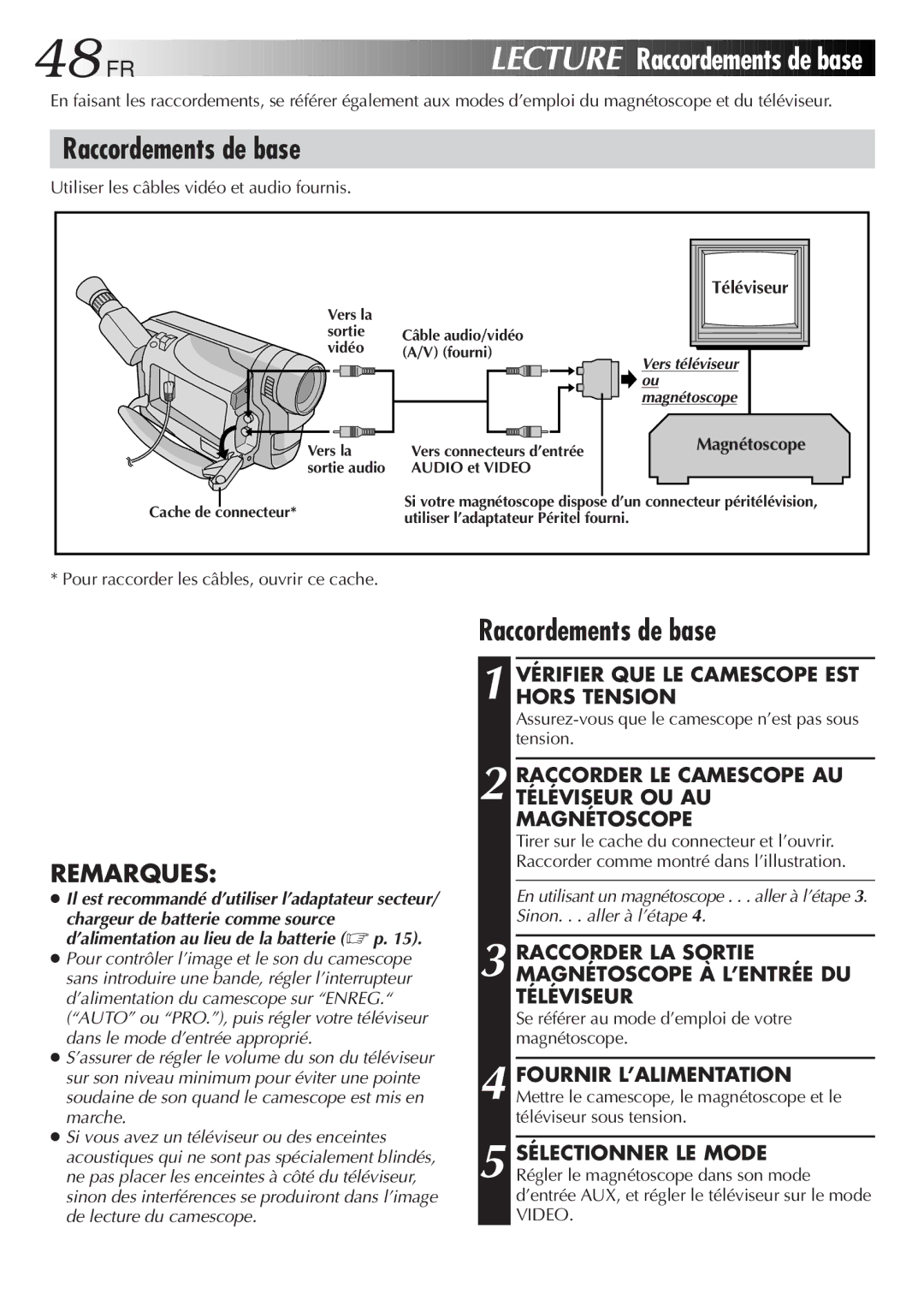 JVC GR-FXM106S manual FR Lecture, Raccordements de base 