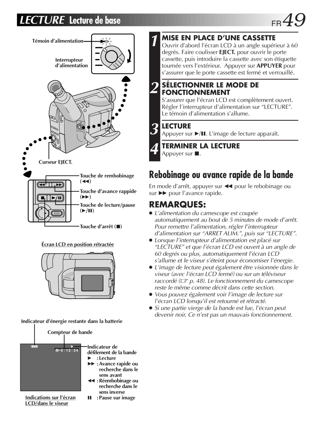 JVC GR-FXM106S manual Lecture Lecture de base, FR49, Rebobinage ou avance rapide de la bande 