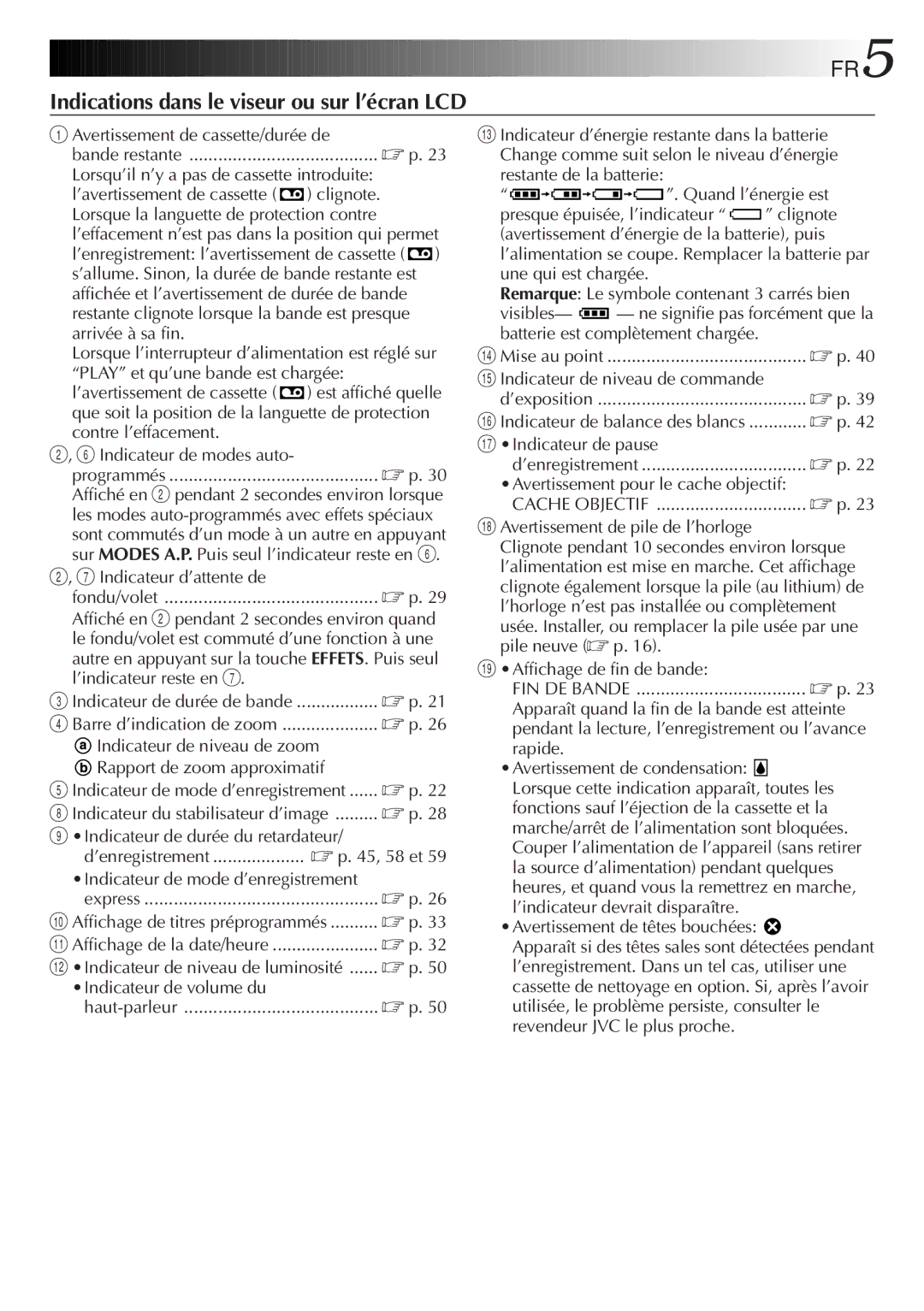 JVC GR-FXM106S manual FR5, Indications dans le viseur ou sur l’écran LCD 