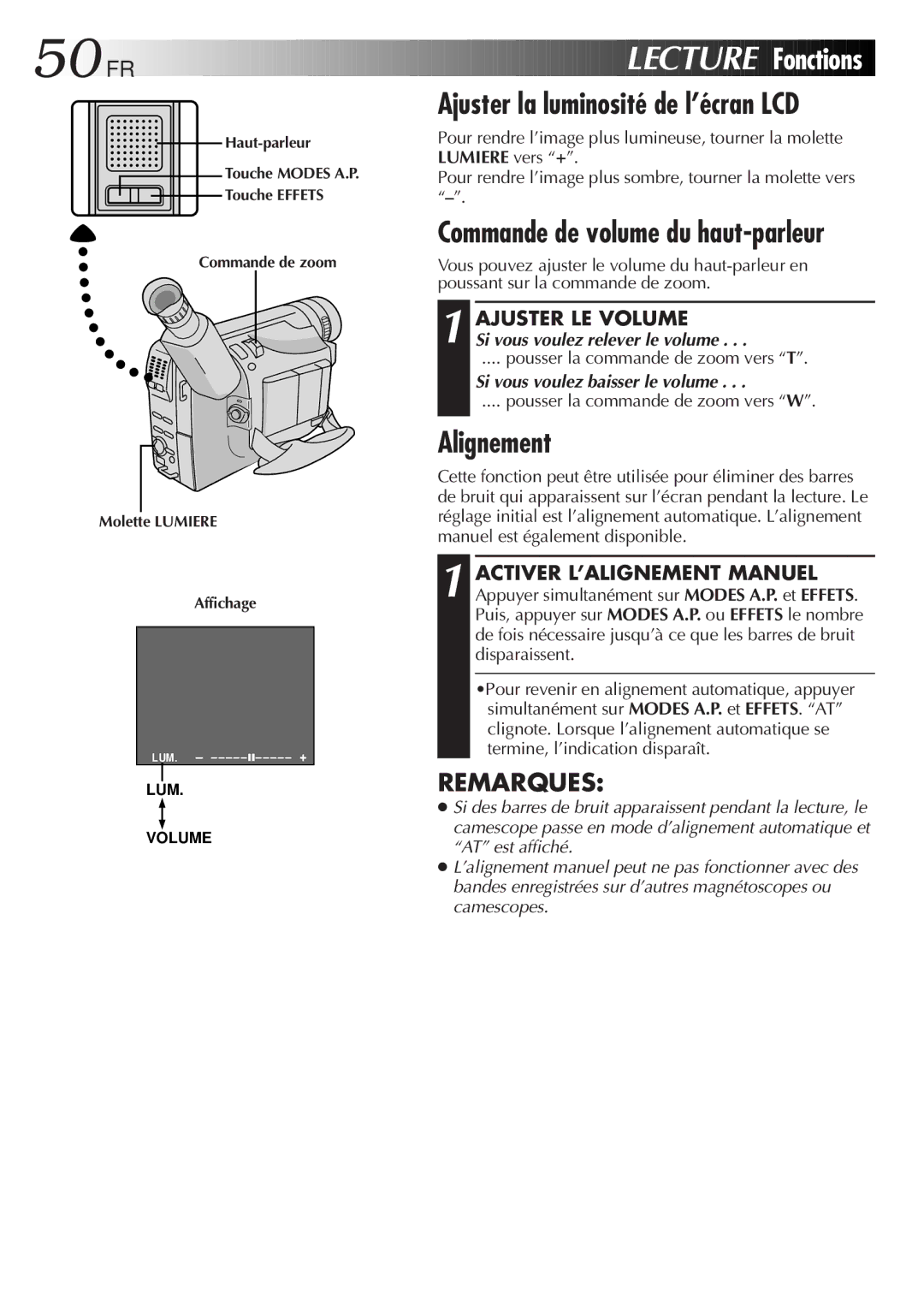 JVC GR-FXM106S manual 50 FR, Alignement, Ajuster LE Volume, Pousser la commande de zoom vers T 