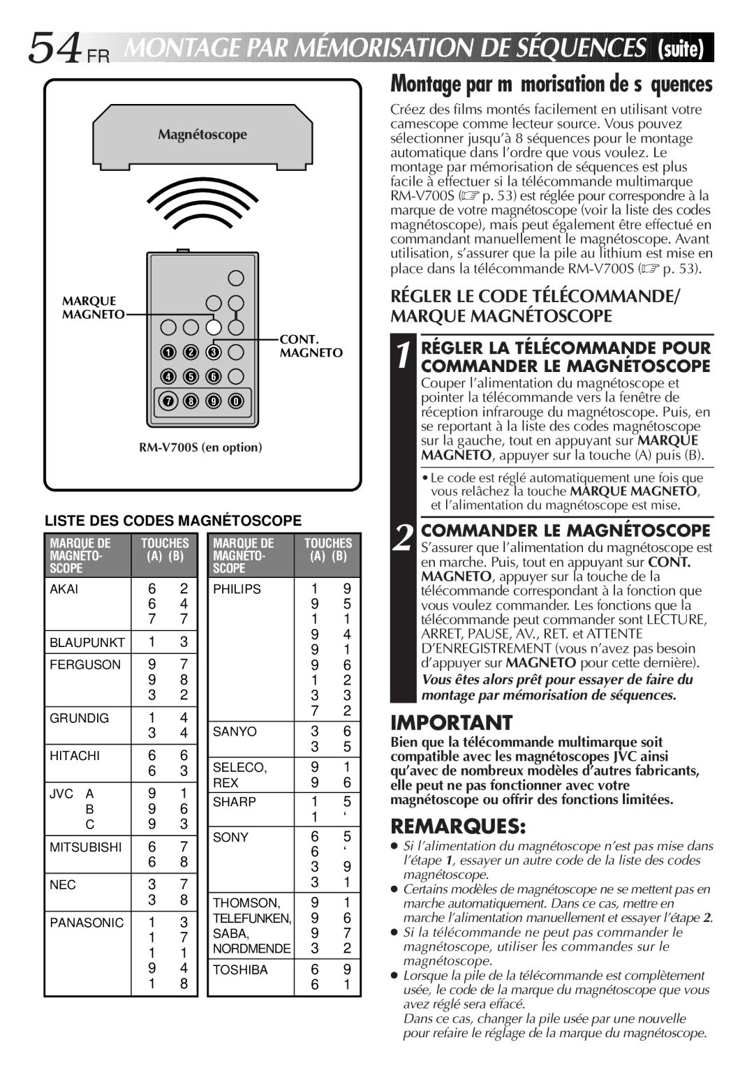 JVC GR-FXM106S manual 54 FR, Montage PAR Mémorisation DE Séquences suite, Montage par mémorisation de séquences 