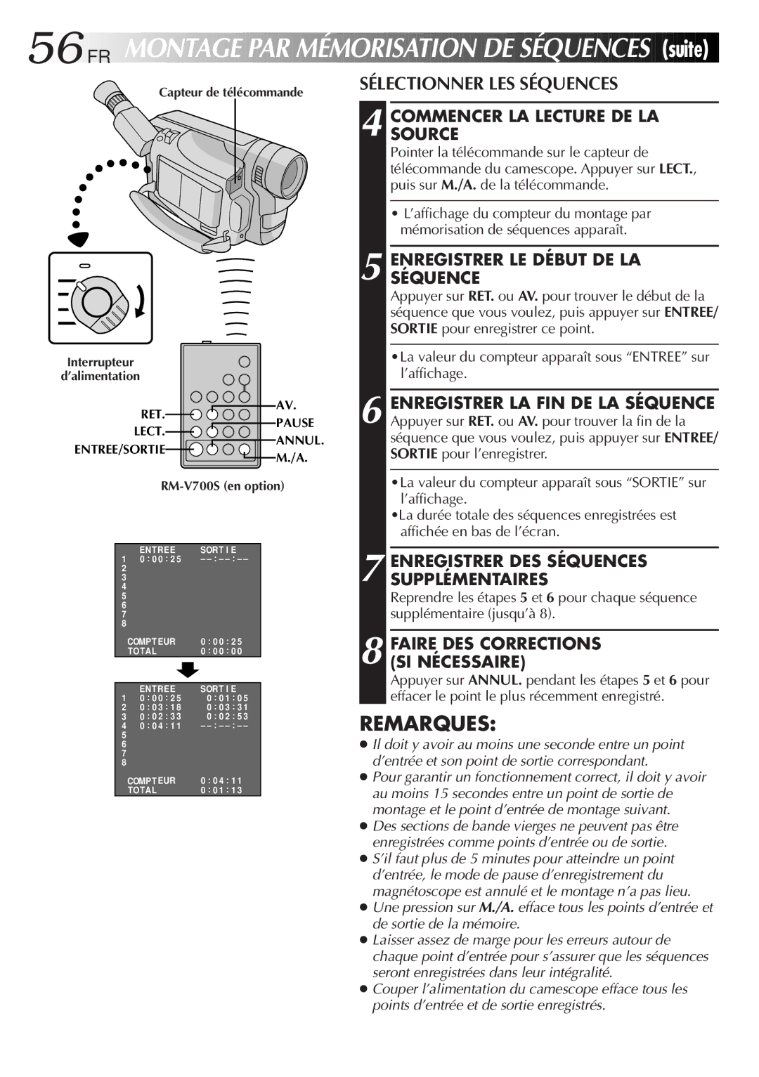 JVC GR-FXM106S manual 56 FR, Sélectionner LES Séquences 