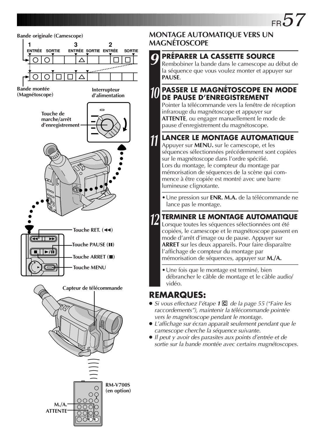 JVC GR-FXM106S FR57, Montage Automatique Vers UN Magnétoscope, Passer LE Magnétoscope EN Mode DE Pause D’ENREGISTREMENT 