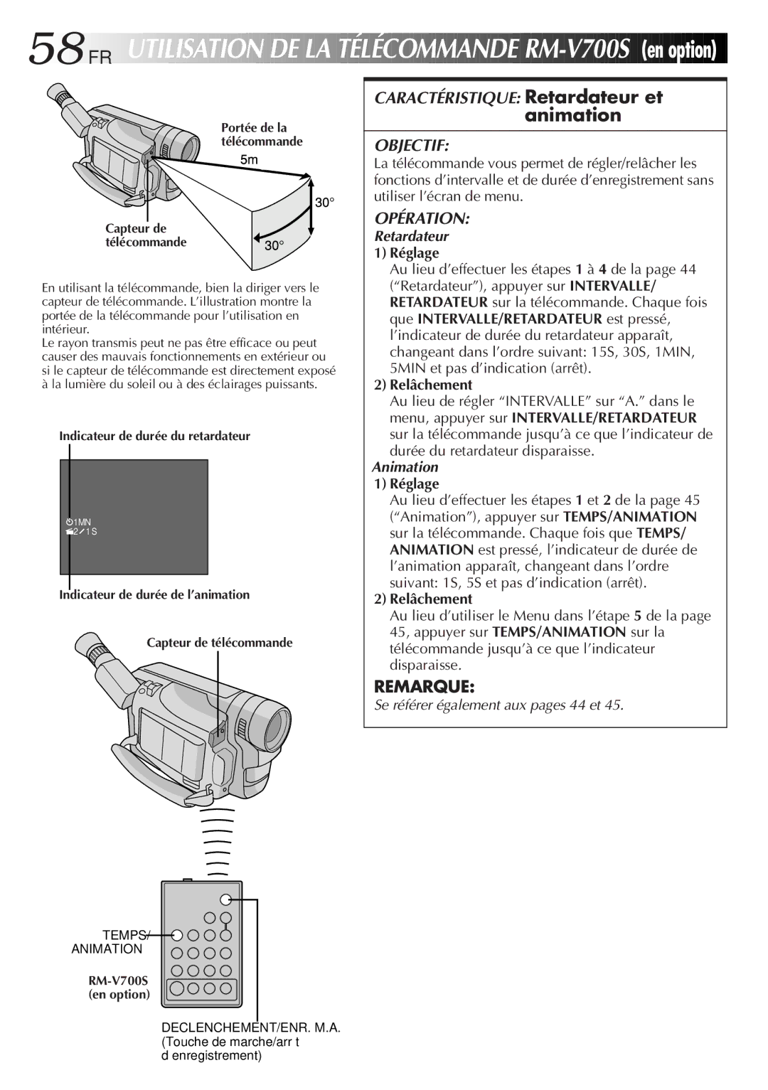 JVC GR-FXM106S manual 58 FR, Utilisation DE LA Télécommande RM V700S, En option, Réglage, Relâchement 