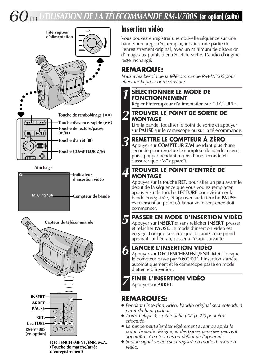 JVC GR-FXM106S FR Utilisation DE LA Télécommande RM- V700S, En option suite, Insertion vidéo, Lancer L’INSERTION Vidéo 