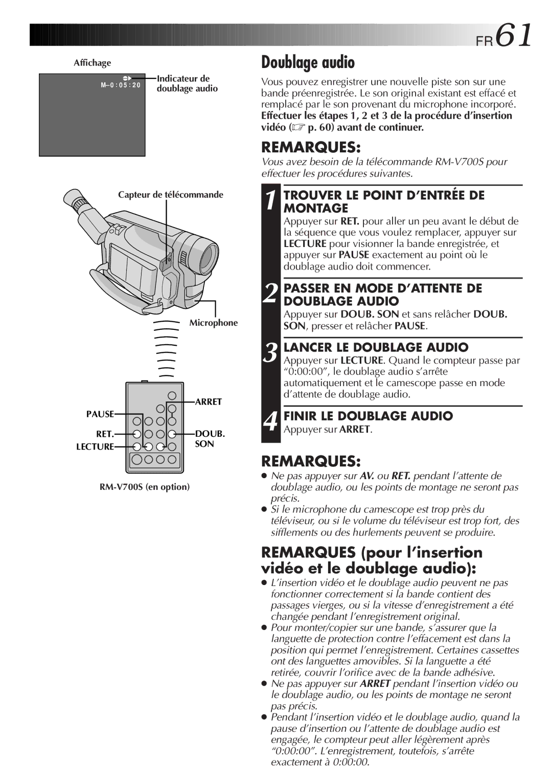 JVC GR-FXM106S manual Doublage audio, FR61 