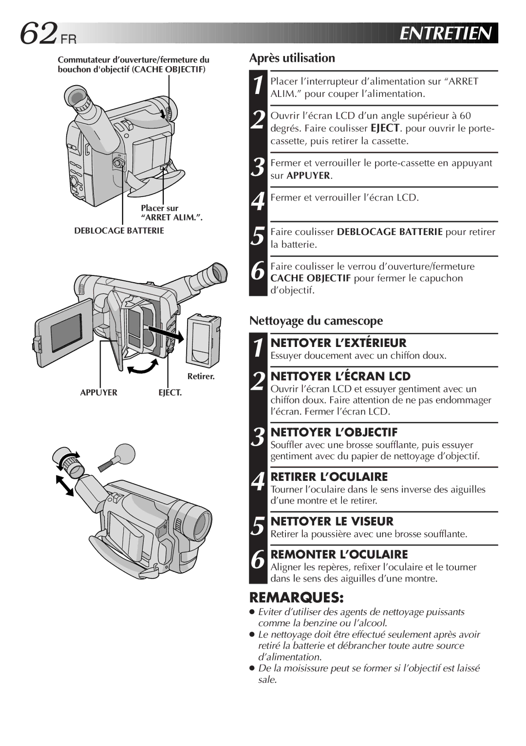 JVC GR-FXM106S manual 62 FR, Après utilisation, Nettoyage du camescope 