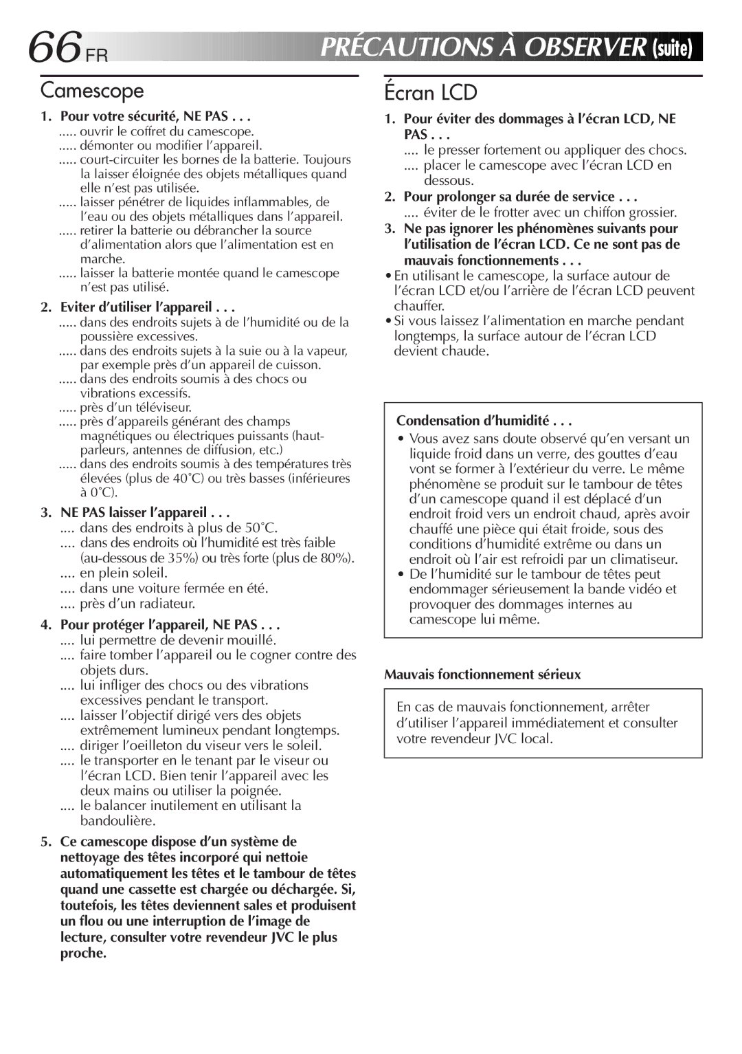 JVC GR-FXM106S manual 66 FR, Précautions À Observer suite 