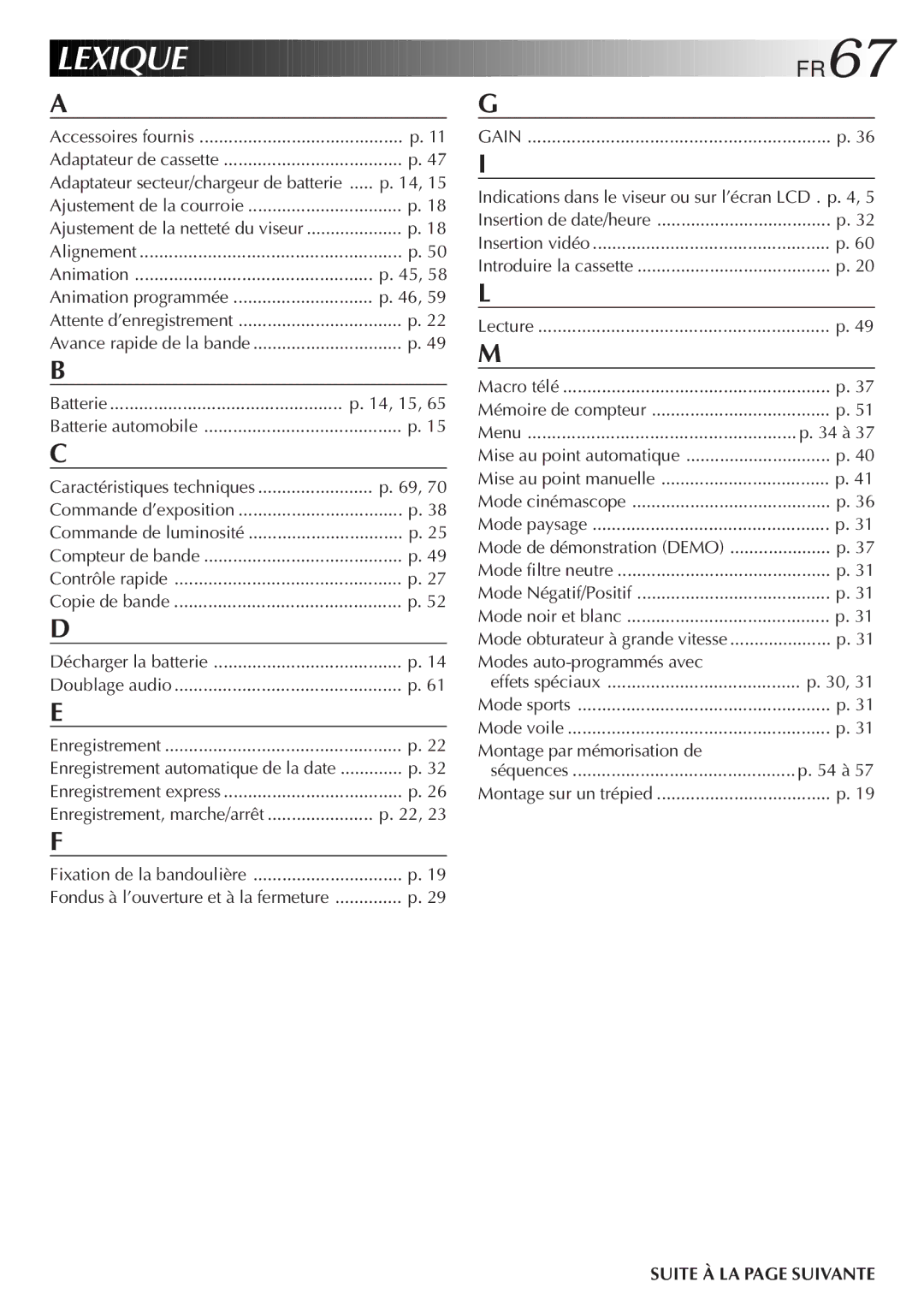 JVC GR-FXM106S manual Lexique, FR67, Indications dans le viseur ou sur l’écran LCD . p, Modes auto-programmés avec 