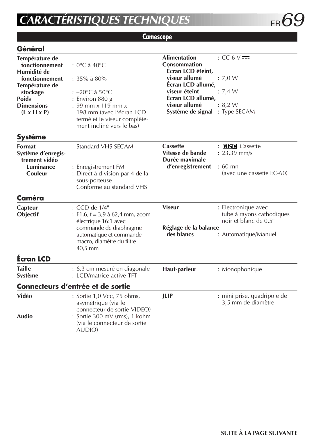 JVC GR-FXM106S manual Caractéristiques Techniques FR69 