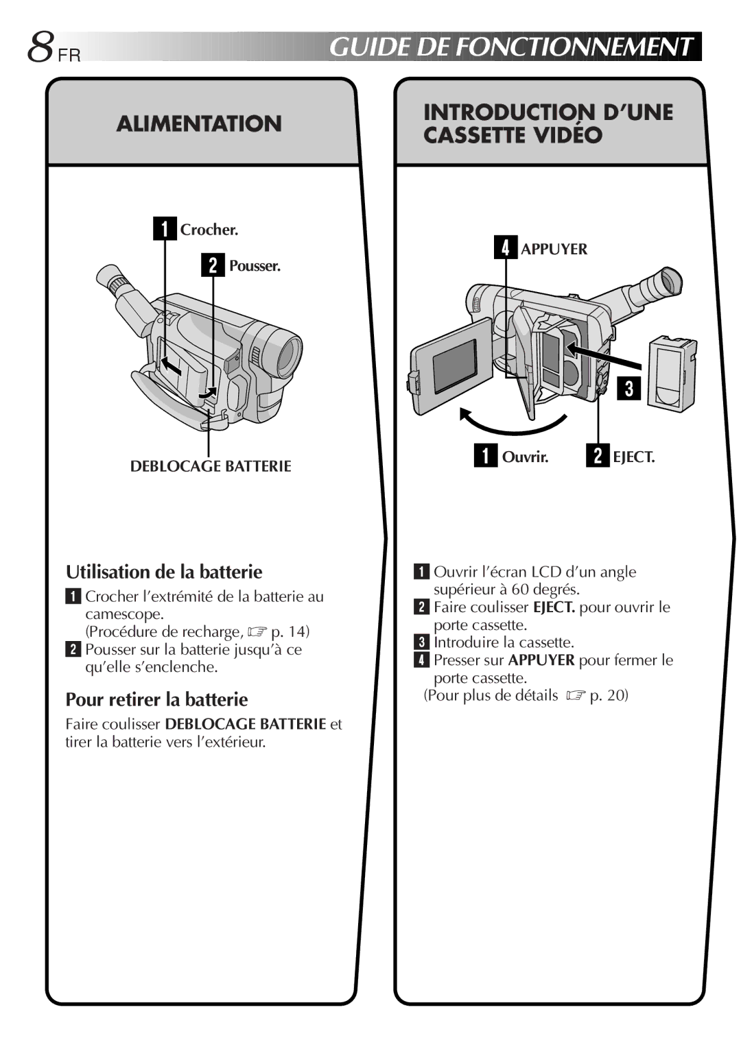 JVC GR-FXM106S manual Deblocage Batterie, Appuyer, Ouvrir l’écran LCD d’un angle supérieur à 60 degrés 