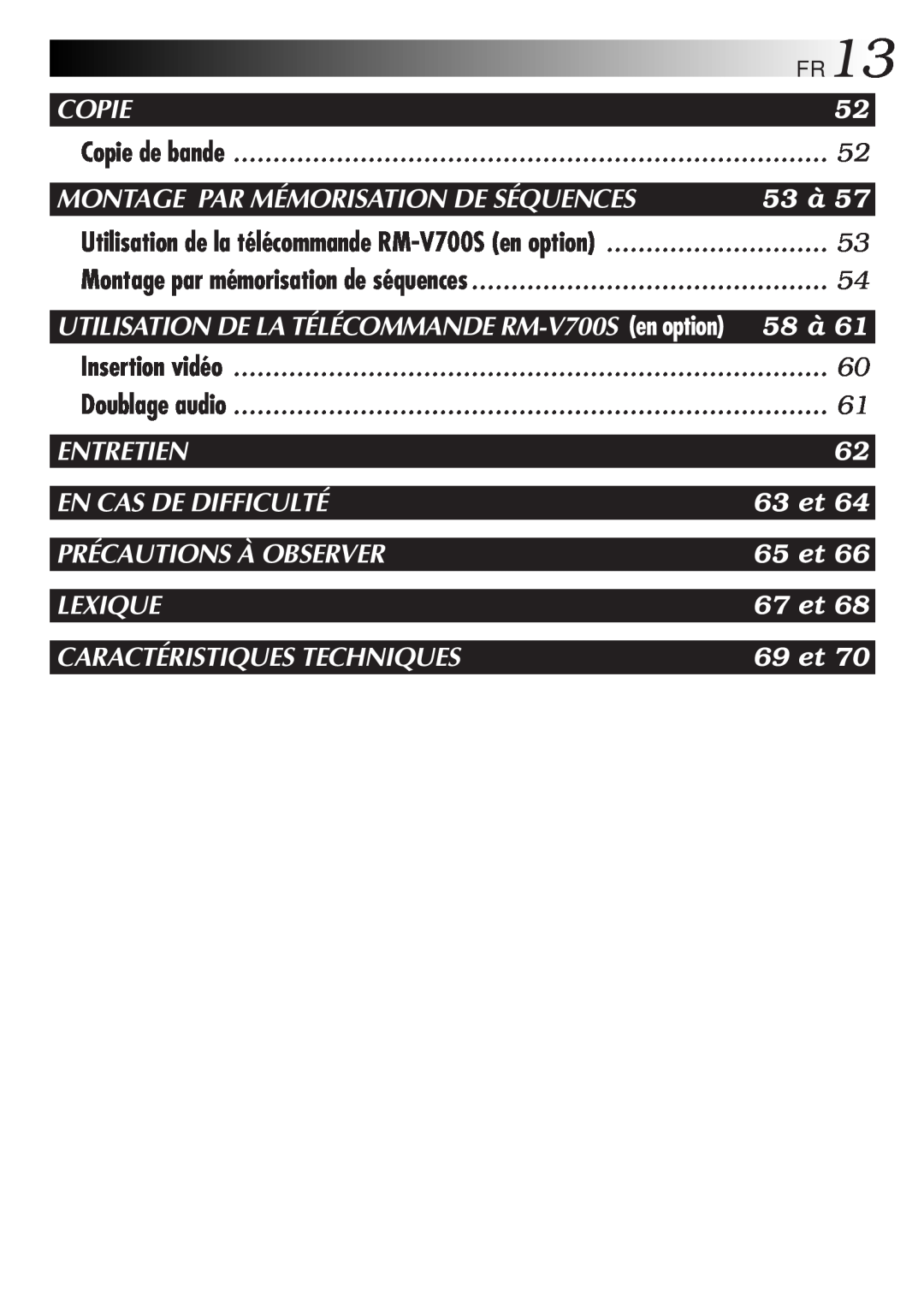 JVC GR-FXM106S Copie, Montage Par Mémorisation De Séquences, 53 à, 58 à, Entretien, En Cas De Difficulté, 63 et, 65 et 