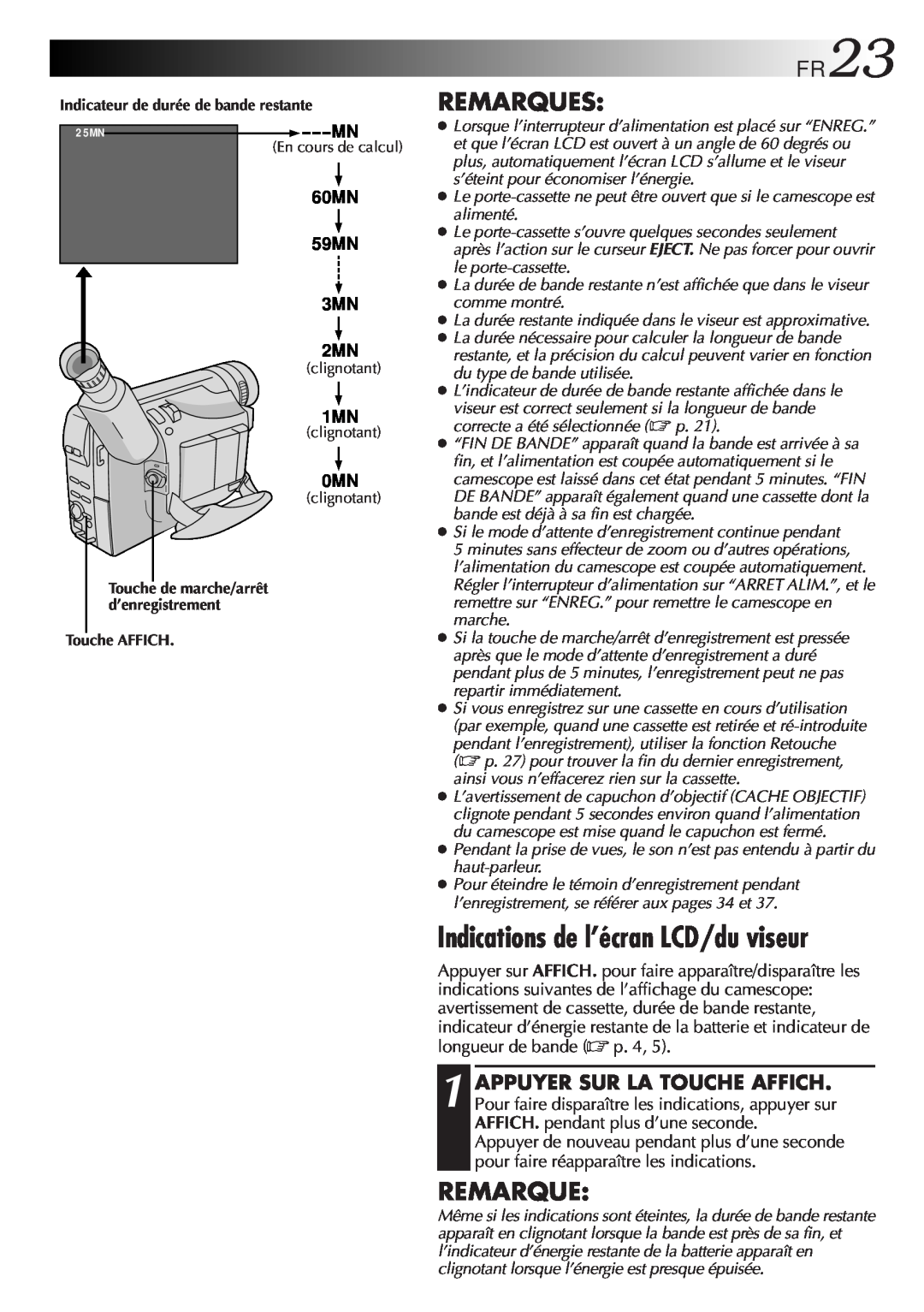 JVC GR-FXM106S manual Indications de l’écran LCD/du viseur, FR23, Remarques 