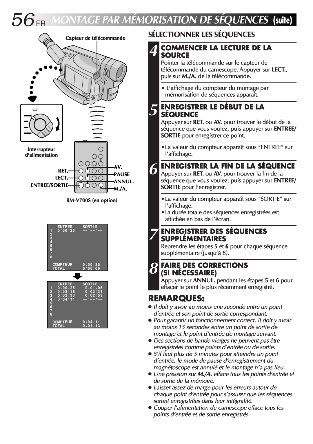 JVC GR-FXM106S manual 56FR, Sélectionner Les Séquences, MONTAGEPARMÉMORISATIONDESÉQUENCESsuite, Remarques 