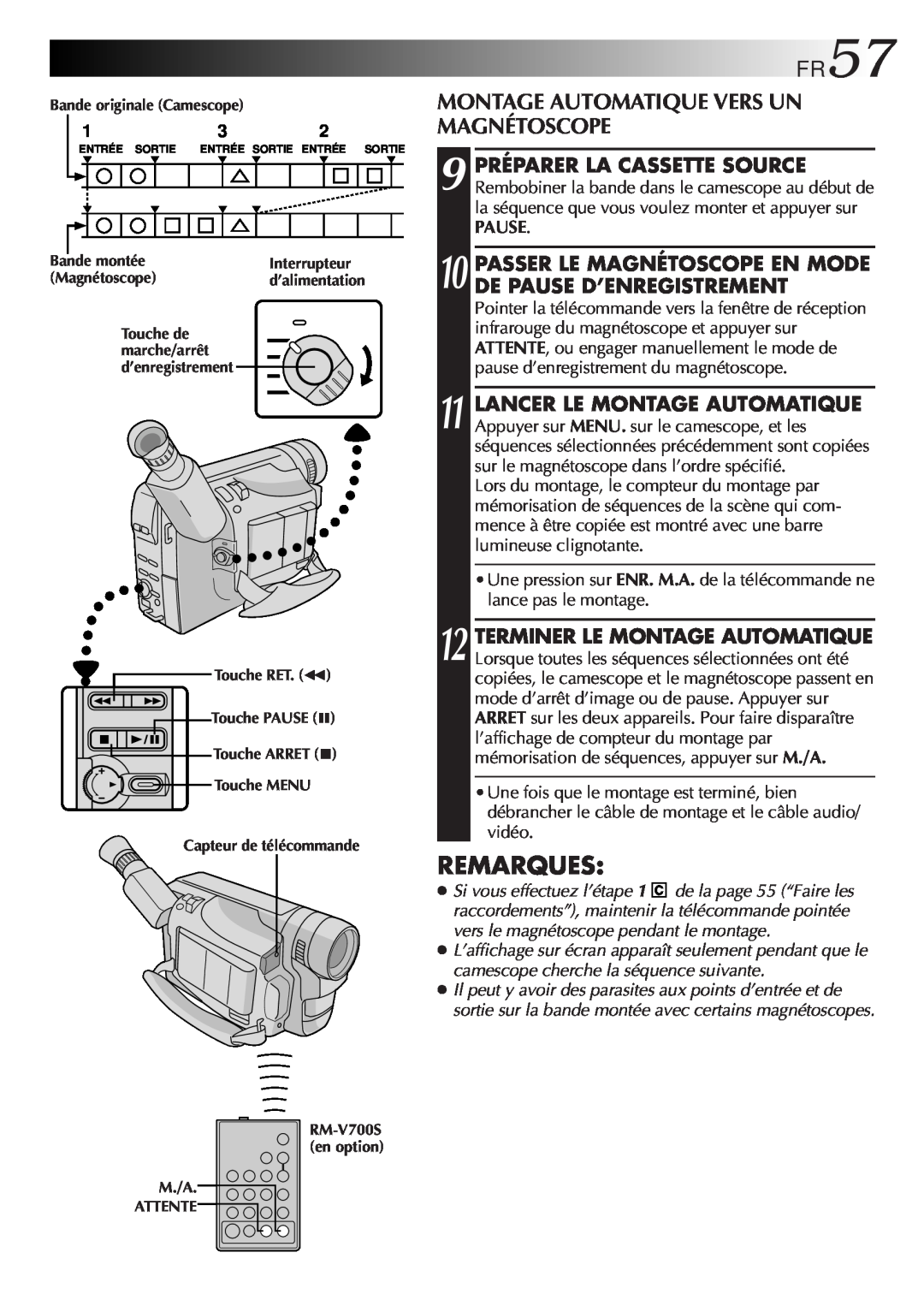 JVC GR-FXM106S manual FR57, Montage Automatique Vers Un Magnétoscope, Remarques 