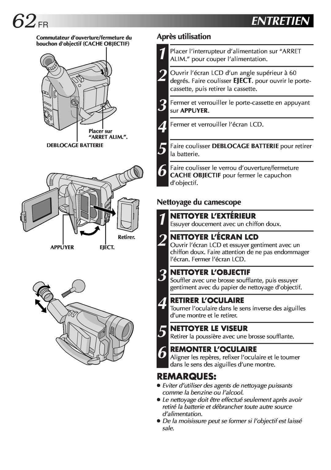 JVC GR-FXM106S manual 62FR, Entretien, Après utilisation, Nettoyage du camescope, Remarques, Nettoyer L’Écran Lcd 