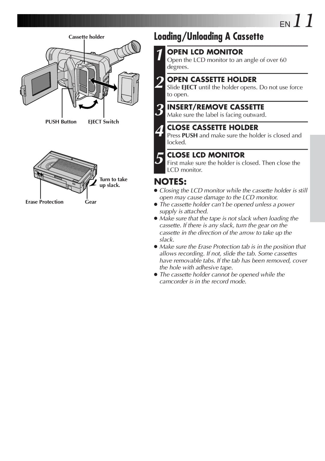 JVC GR-FXM15 specifications Loading/Unloading a Cassette, Open LCD Monitor, Open Cassette Holder, Close Cassette Holder 