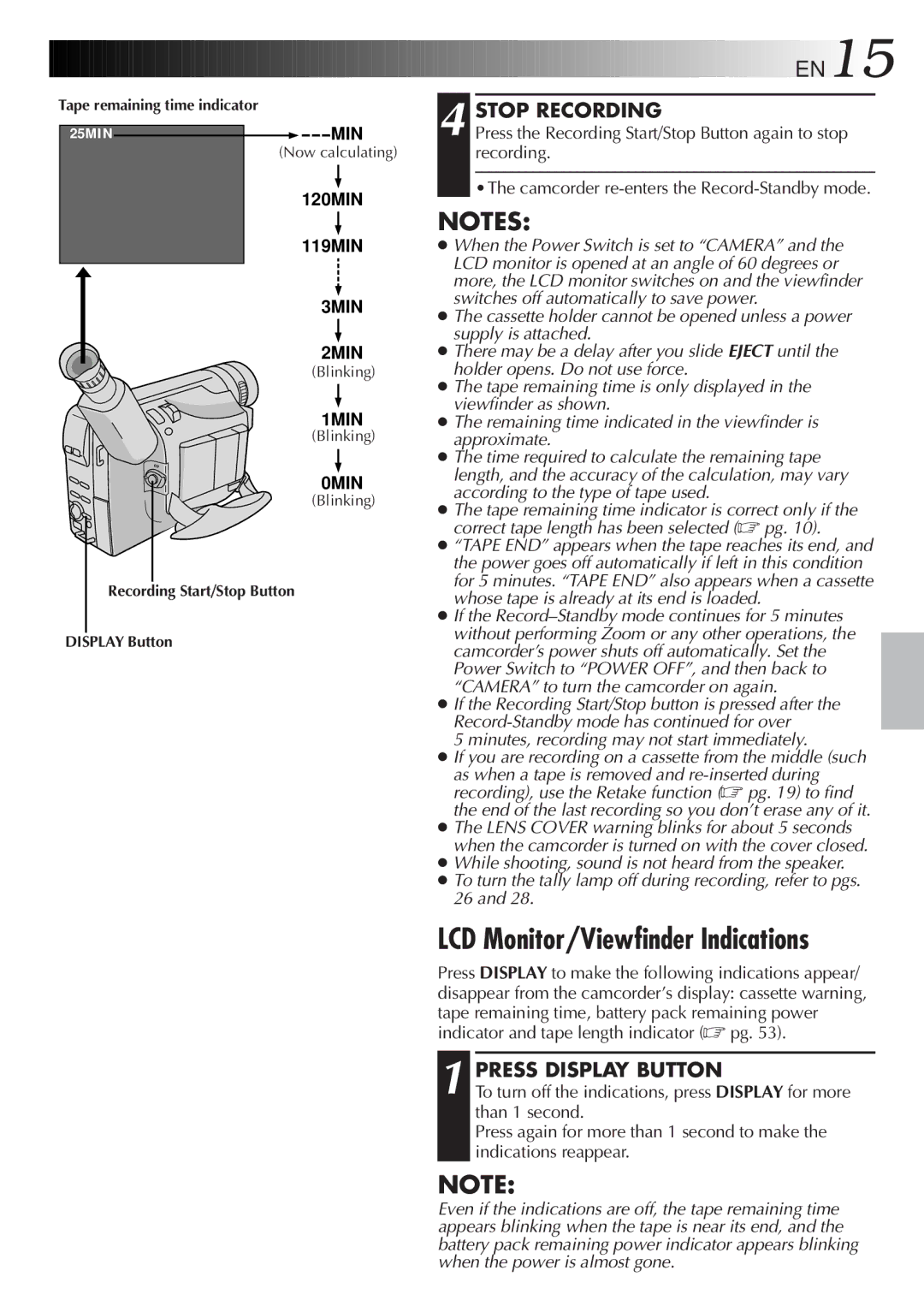 JVC GR-FXM15 specifications LCD Monitor/Viewfinder Indications, Stop Recording, Press Display Button 