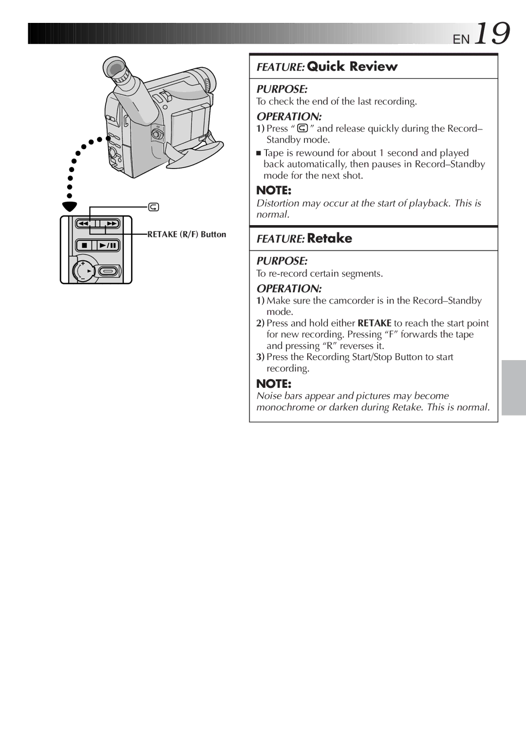 JVC GR-FXM15 specifications Feature Quick Review, To check the end of the last recording, To re-record certain segments 