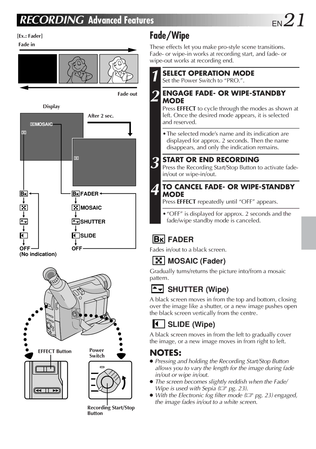 JVC GR-FXM15 Recording Advanced Features EN21, Fade/Wipe, Start or END Recording, Tomodecancel FADE- or WIPE-STANDBY 