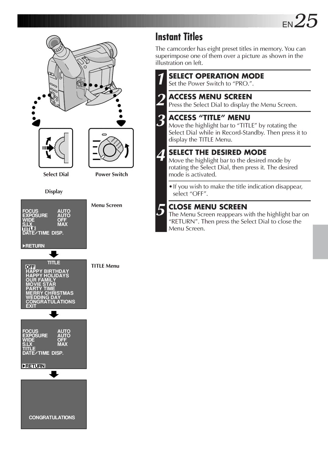 JVC GR-FXM15 specifications Instant Titles, Access Title Menu 