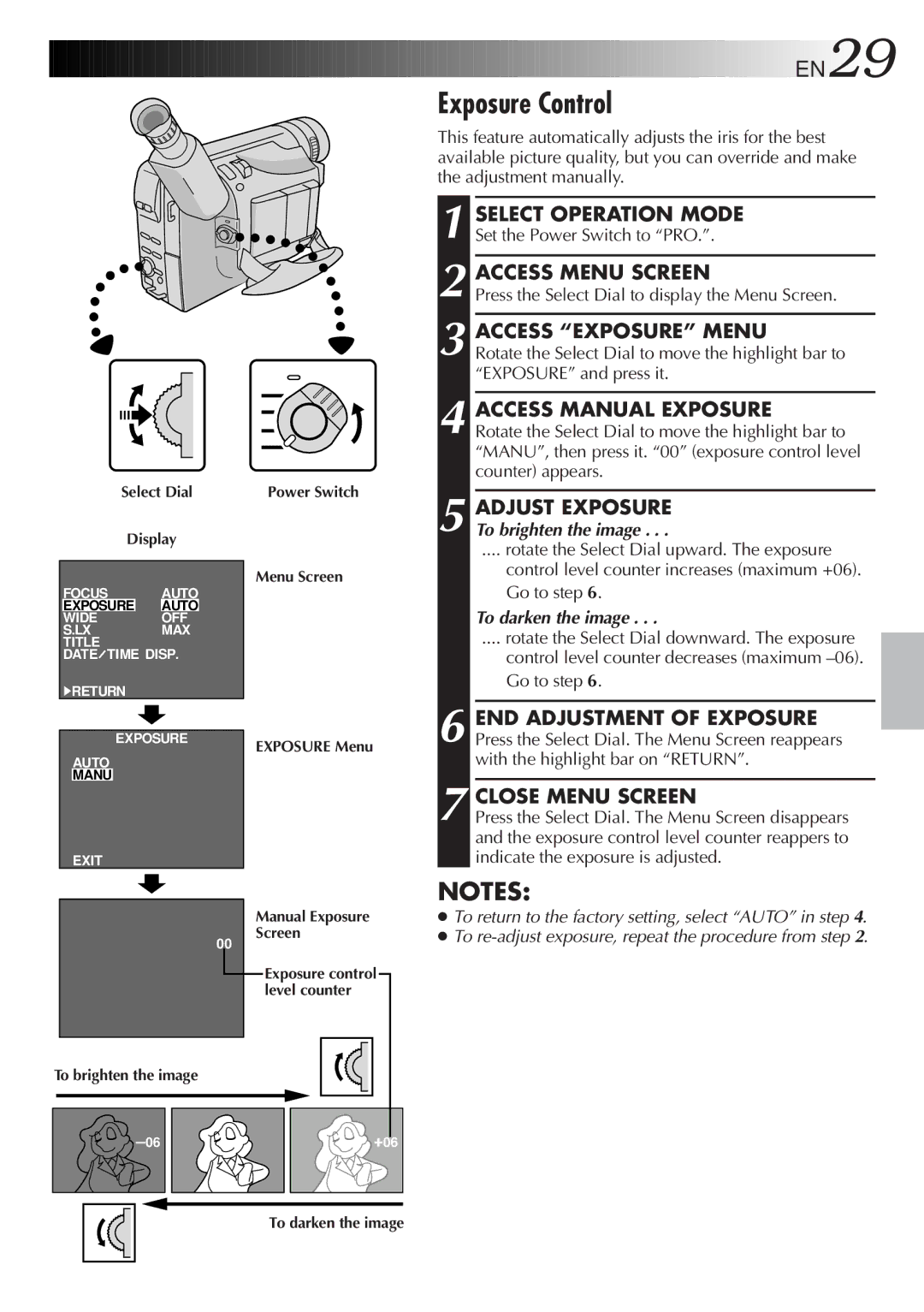 JVC GR-FXM15 specifications Exposure Control, Access Exposure Menu, To darken the image 