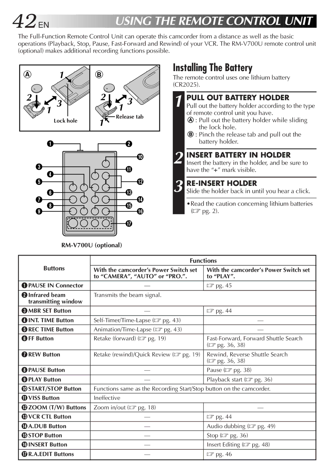 JVC GR-FXM15 specifications Installing The Battery, Pull OUT Battery Holder, Remote control uses one lithium battery CR2025 