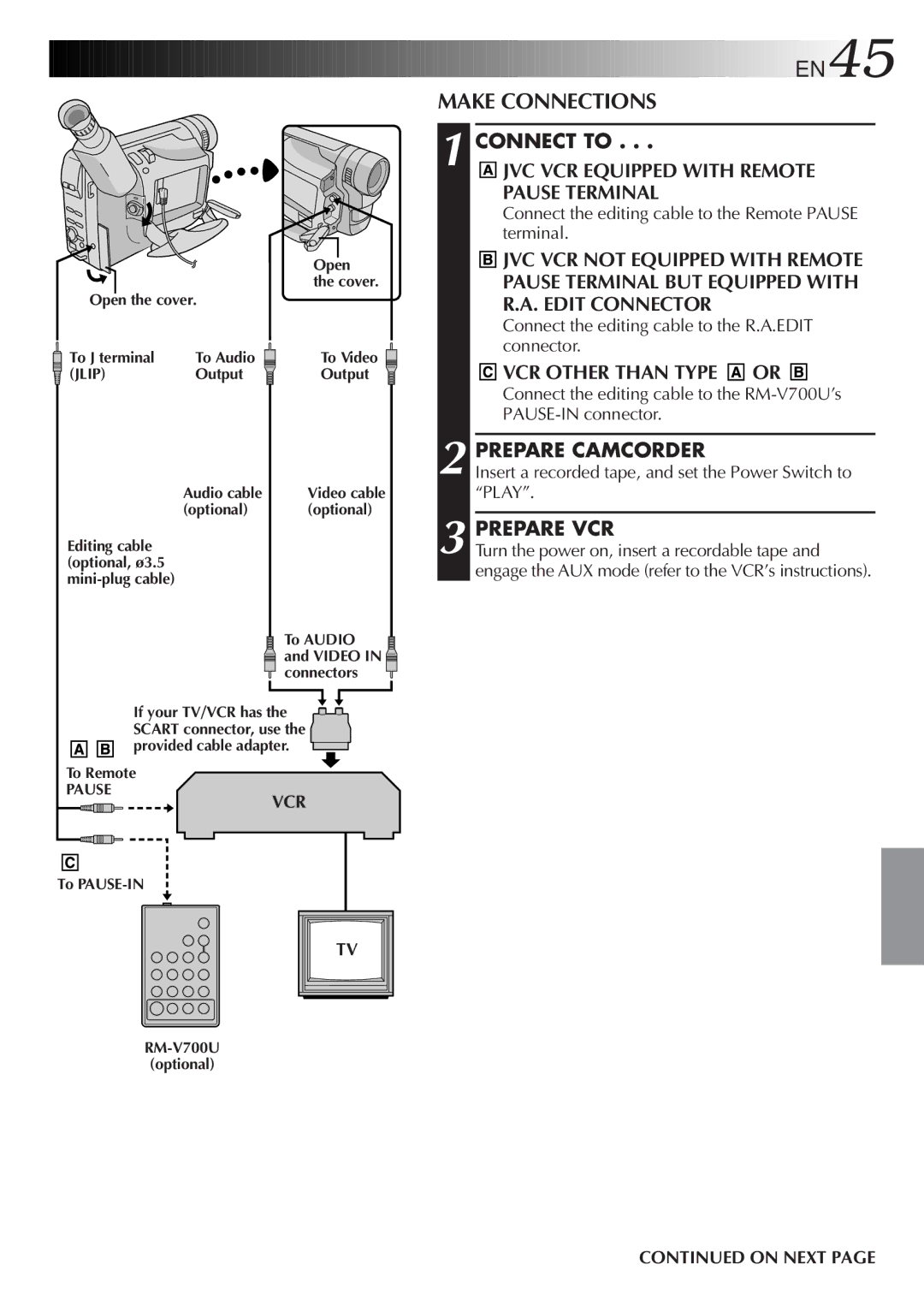 JVC GR-FXM15 Make Connections, JVC VCR Equipped with Remote Pause Terminal, VCR Other than Type or, Prepare Camcorder 