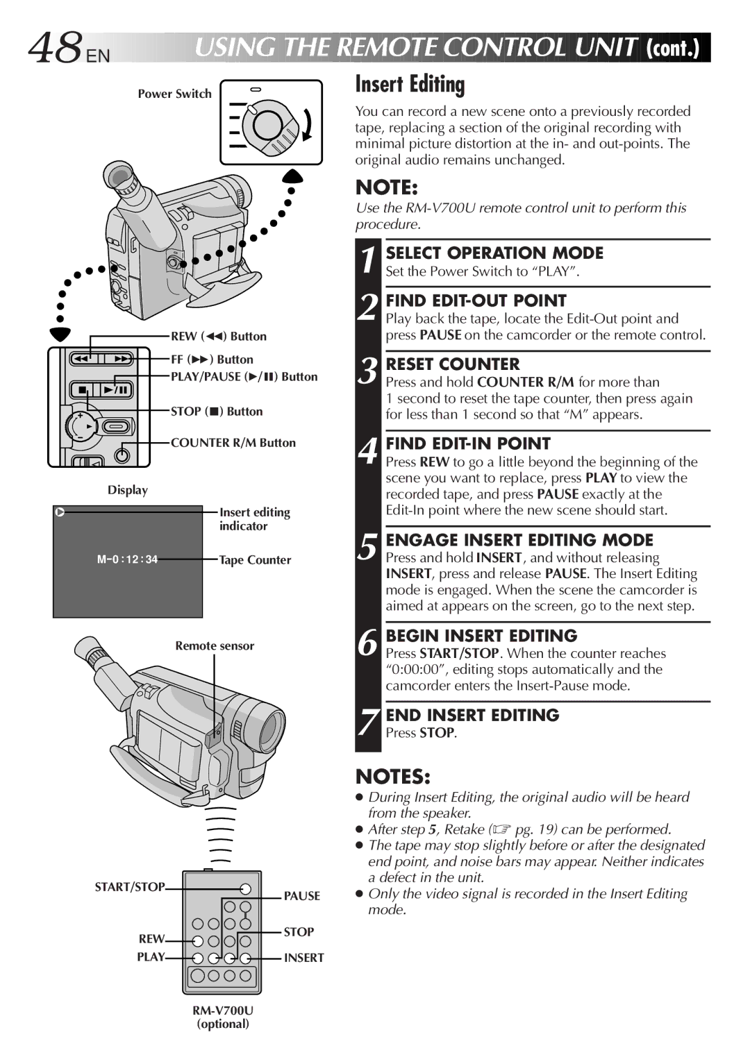 JVC GR-FXM15 specifications EN Using the Remote Control Unit, Insert Editing 