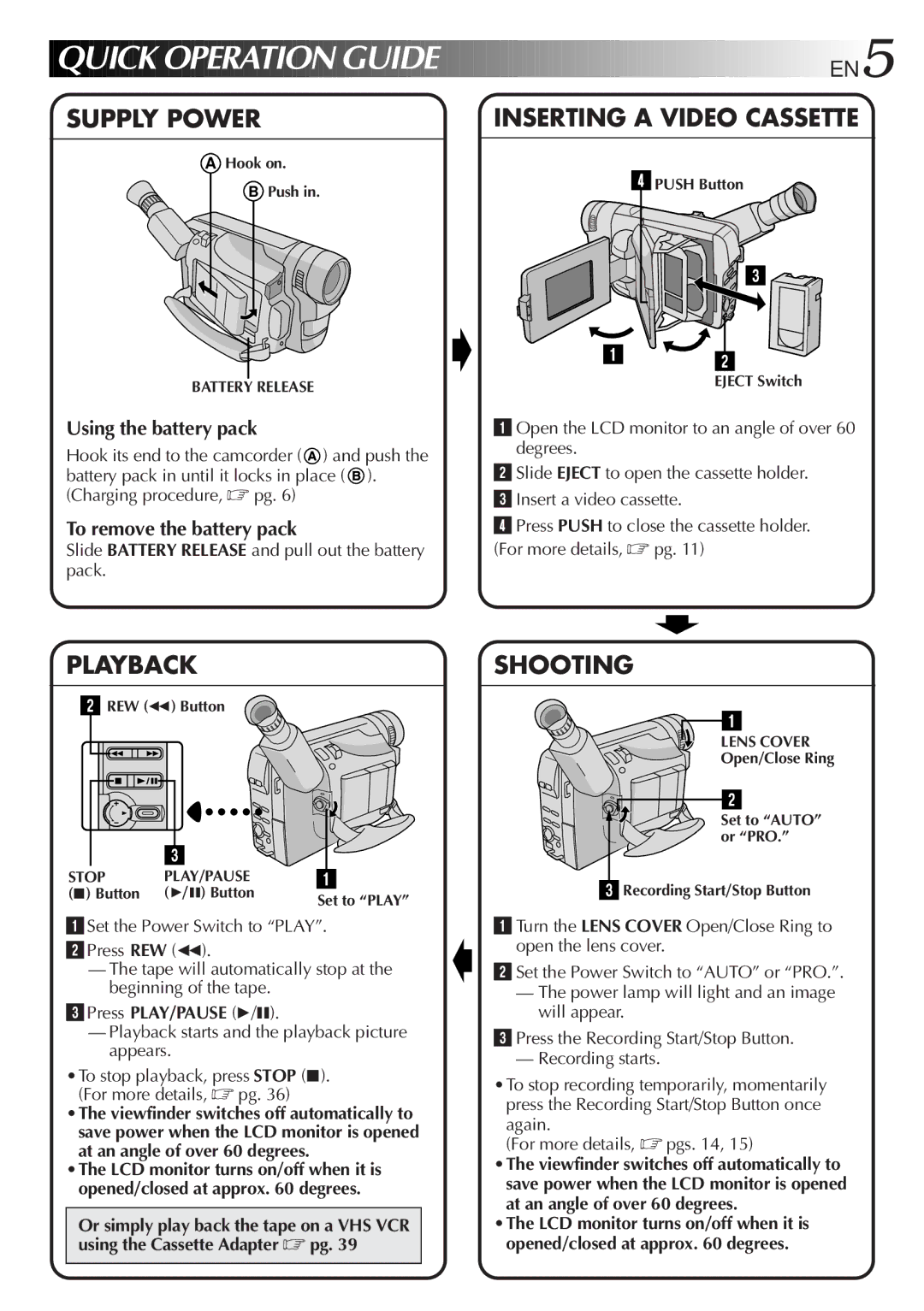 JVC GR-FXM15 specifications Quick Operation Guide EN5, Slide Battery Release and pull out the battery pack 