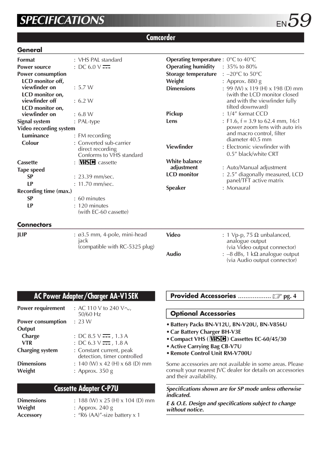 JVC GR-FXM15 specifications General, Connectors, Provided Accessories Optional Accessories 