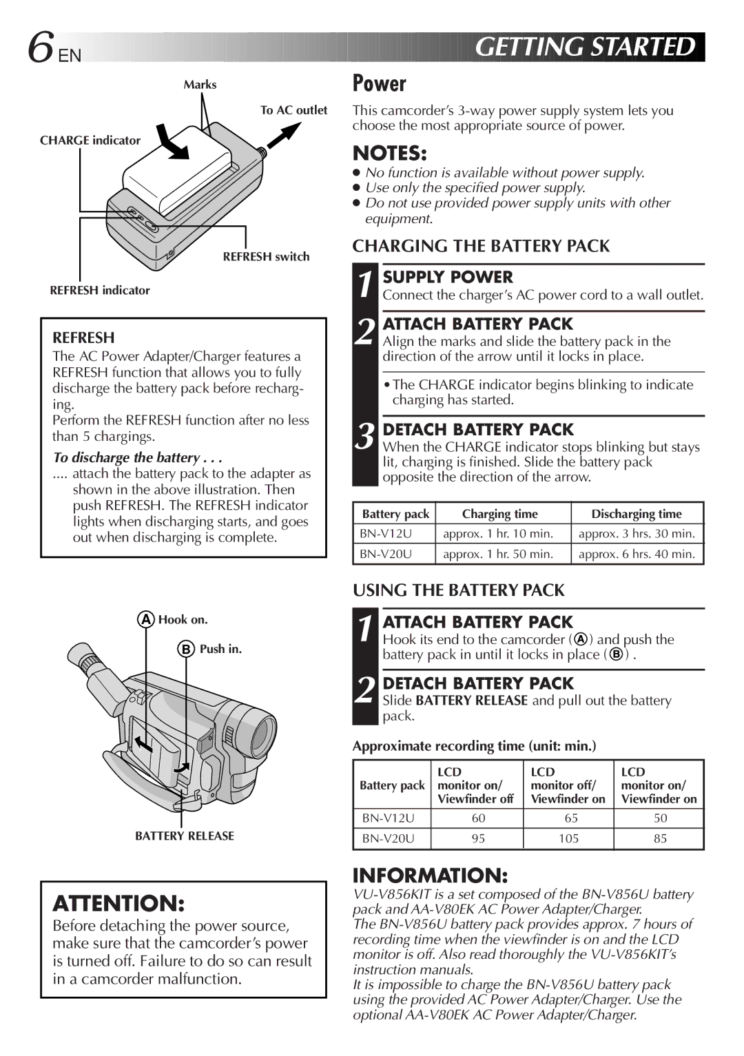 JVC GR-FXM15 specifications Power, Charging the Battery Pack, Using the Battery Pack 