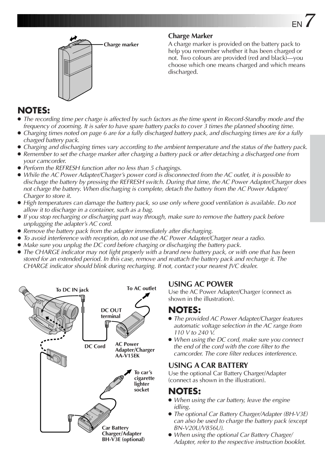 JVC GR-FXM15 specifications Using AC Power, Using a CAR Battery, Choose which one means charged and which means discharged 