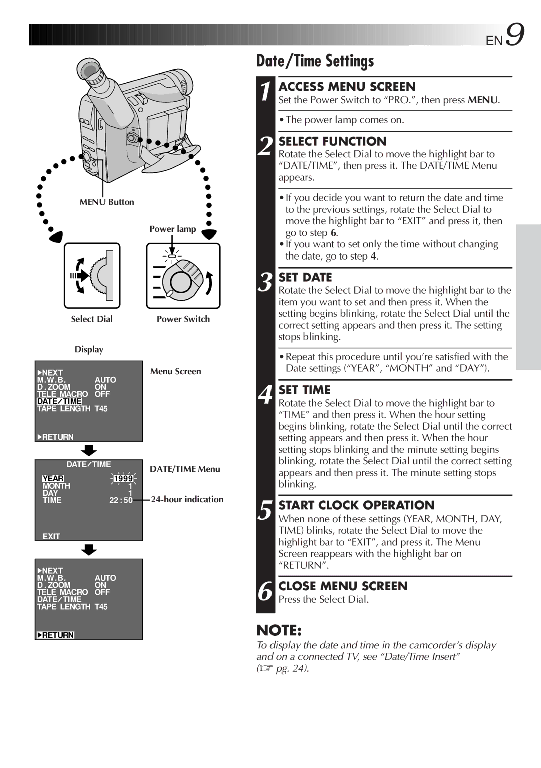 JVC GR-FXM15 specifications Date/Time Settings 