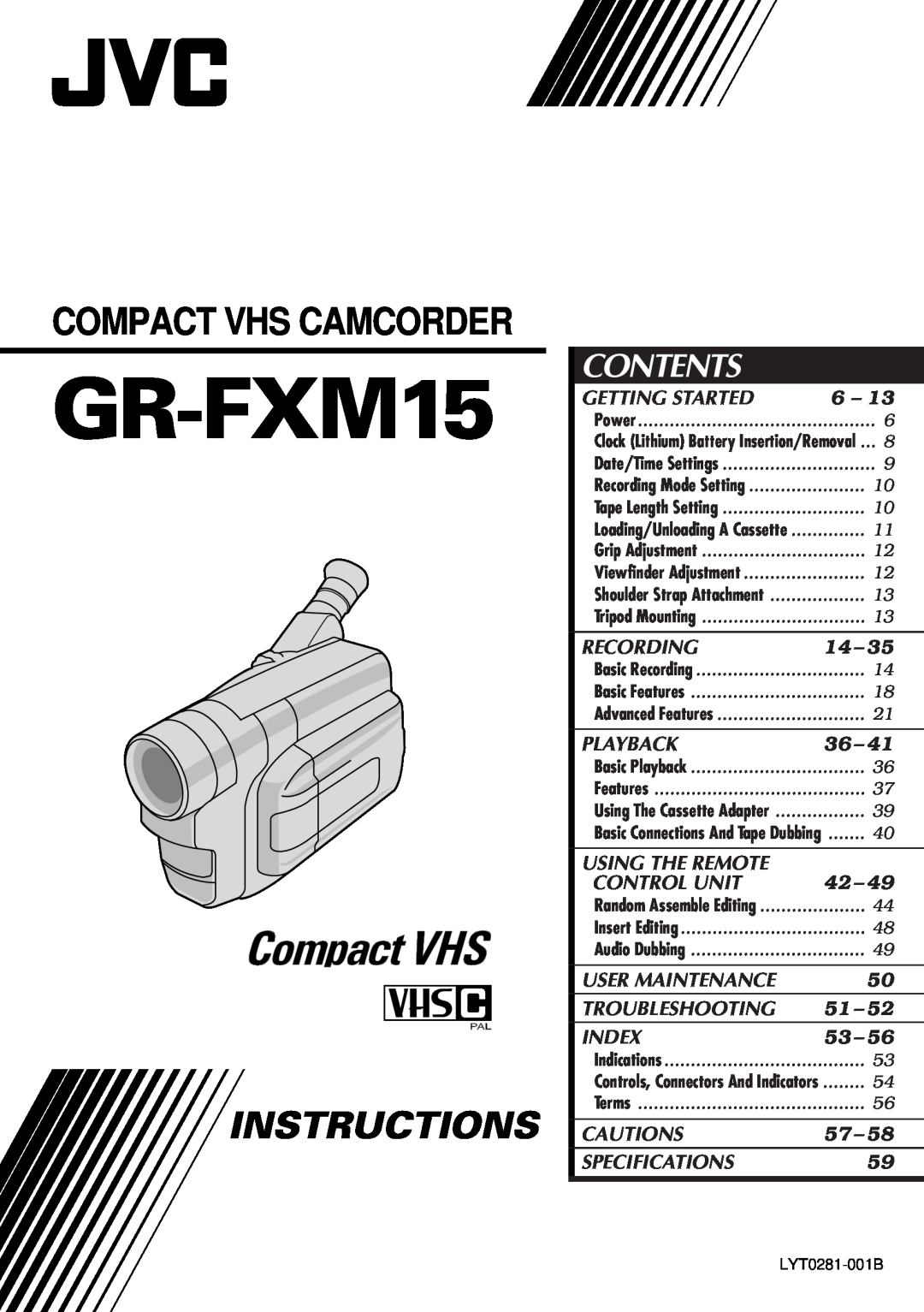 JVC GR-FXM15 specifications Contents, Instructions, Compact Vhs Camcorder 