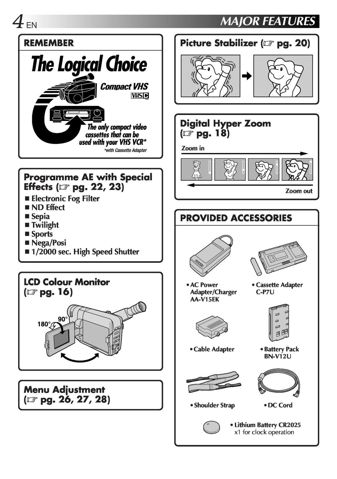 JVC GR-FXM15 4ENMAJORFEATURES, REMEMBER Programme AE with Special Effects pg. 22, Provided Accessories, Zoom in Zoom out 