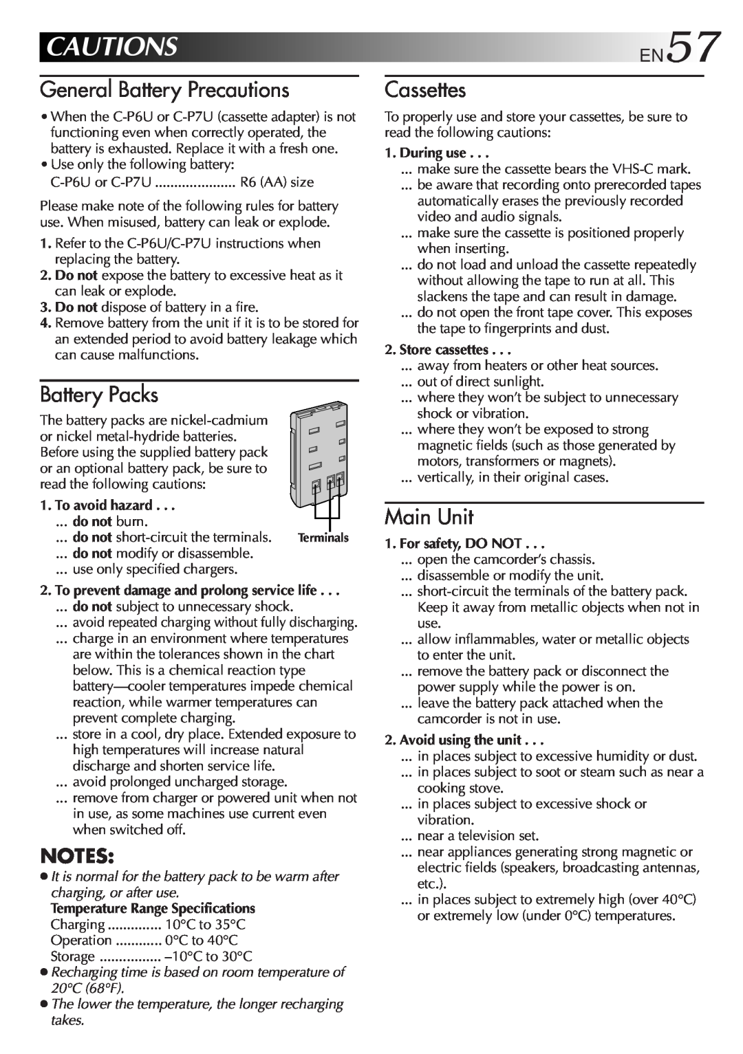 JVC GR-FXM15 Cautions, General Battery Precautions, Cassettes, Battery Packs, Main Unit, EN57, To avoid hazard, During use 